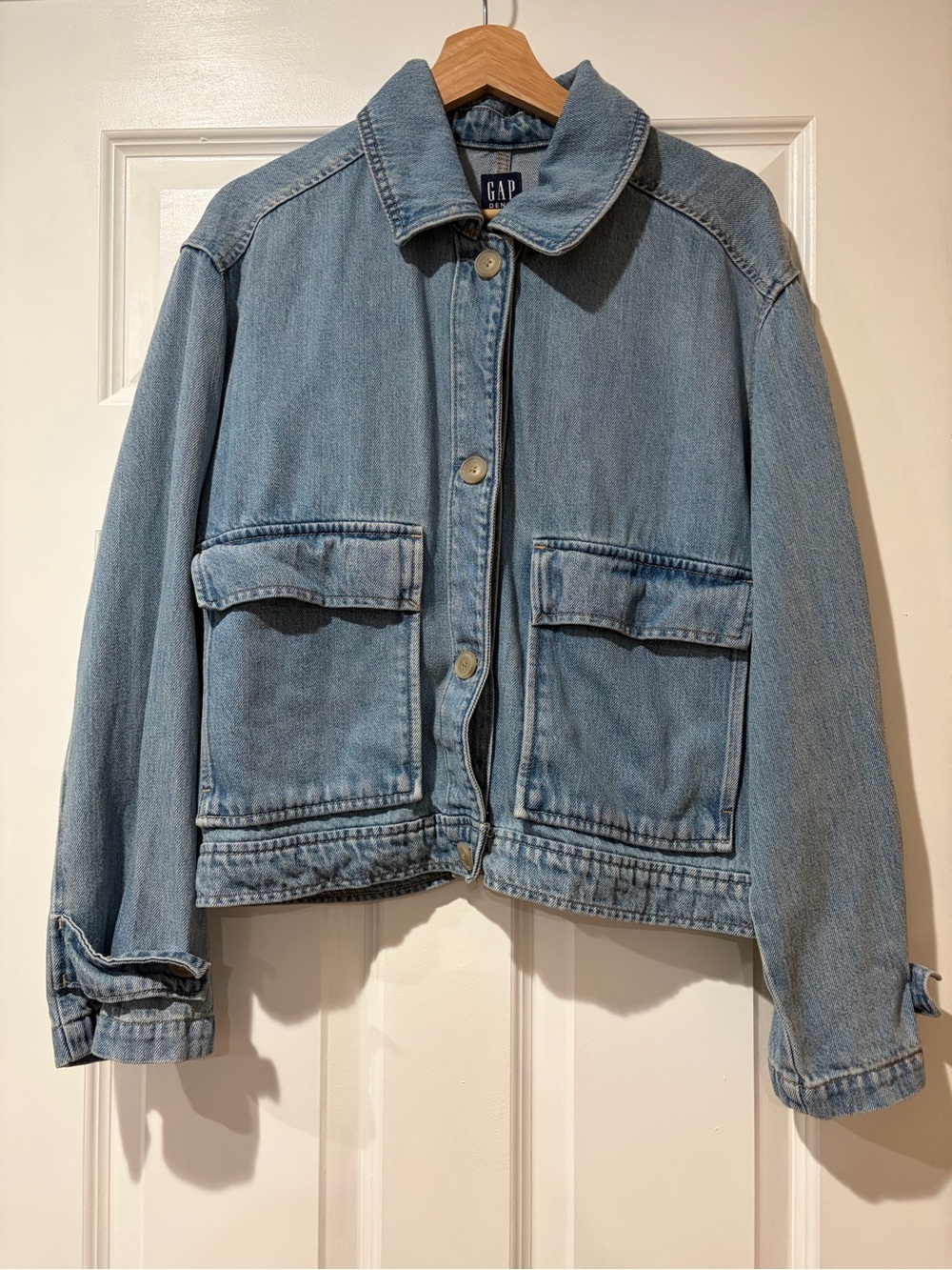 GAP Light Blue Crop Jean Jacket with Front Flap Pockets